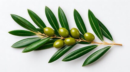 Fototapeta premium Fresh Olive Branch with Green Olives and Leaves on White Background.