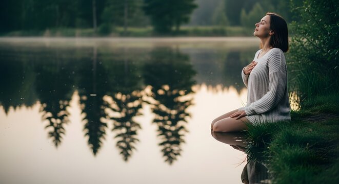 Serene Solitude by the Lake: A woman in white, embodying tranquility, embraces nature by a tranquil lake. The image portrays peacefulness, and calmness with clear reflection and natural light. 