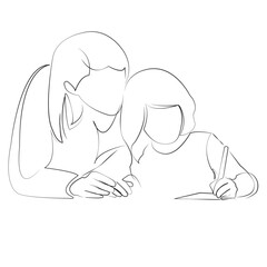 One continuous line drawing on white isolated background. Minimalism linear illustration. mother, child, daughter, family, woman, education, person, female, homework, childhood