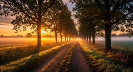 Obraz premium A scenic country road with trees leading towards a golden misty sunrise