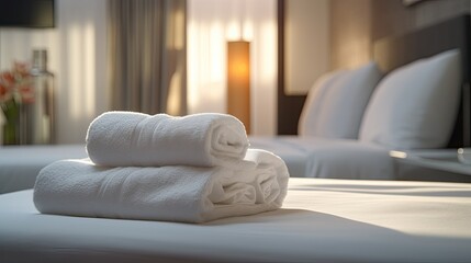 Two neatly folded white towels on a bed with a pillow and a lamp in the background.