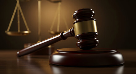 Gavel and Scales of Justice:  Dark, Dramatic, Legal Concept Stock Photo.