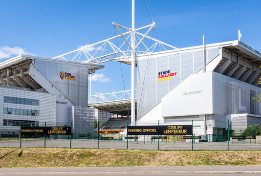 Lens, France - May 11, 2025: South view of the Lepagnot and Delacourt grandstands of the Bollaert-Delelis stadium, home ground of the Racing Cub de Lens football club, with a capacity of 38 000 seats.