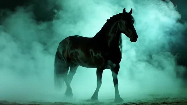 Black Horse Standing In Fog Dramatic Animal Scene Animation