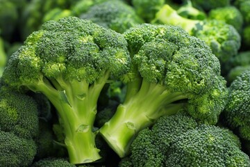 Fresh broccoli displayed in a market, highlighting vibrant green color and healthy appearance during the spring season