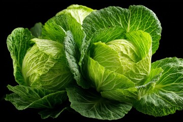 Obraz premium Fresh green lettuce heads arranged with vibrant leaves on a dark background in a studio setting