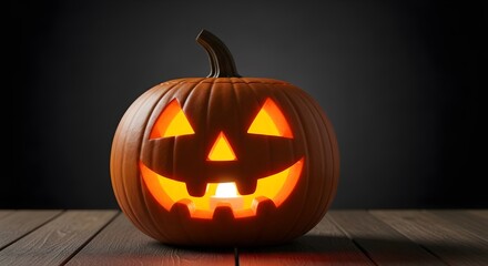 Glowing Jack-o'-lantern on Rustic Wooden Surface: A Spooky Halloween Vibe