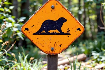 Wildlife Sign: A worn, weathered warning sign depicting a wildlife scene, set amidst a lush natural backdrop, serving as a thoughtful reminder.