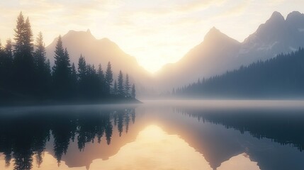 photorealistic misty mountain lake at golden hour, reflection of mountains on still water, pine trees silhouette in foreground, soft sunlight rays, atmospheric, peaceful, wallpaper,