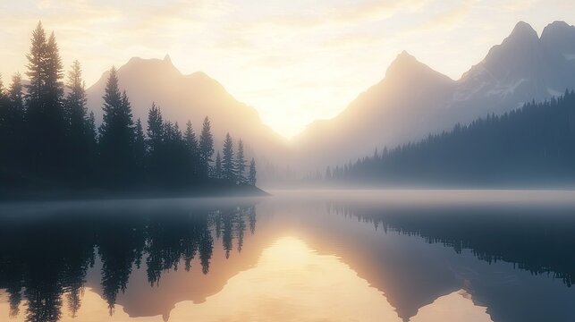 photorealistic misty mountain lake at golden hour, reflection of mountains on still water, pine trees silhouette in foreground, soft sunlight rays, atmospheric, peaceful, wallpaper,