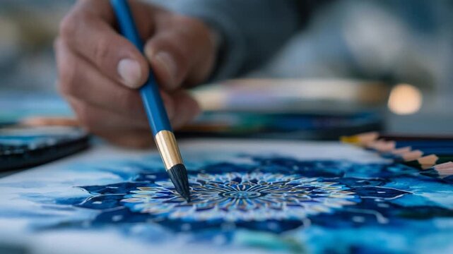 Engage in art therapy and mindfulness with a 28Hands mandala drawing using colored pencils on white paper.