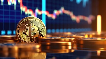 A golden Bitcoin coin with a red and blue background, placed on a reflective surface with a blurred stock market graph in the background.