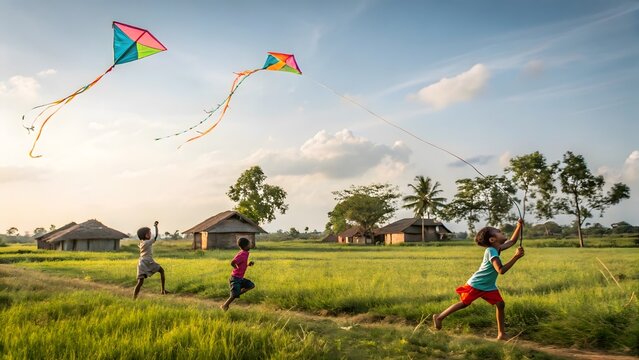 Children flying colorful kites in a rural field under a bright sky