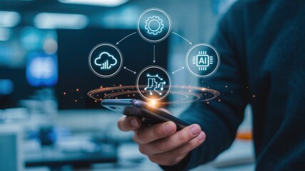 Businessman holding a smartphone visualize a network diagram with icons. businessman touching virtual screen