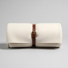 Elegant off-white rolled blanket secured with a classic brown leather strap on a gray background