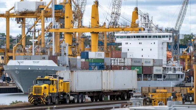 A dynamic multimodal shipping hub efficiently transferring cargo between ships, trucks, and trains using an intricate network of cranes and transport vehicles.