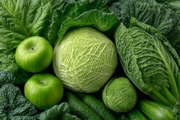 Fototapeta premium Fresh green vegetables and apples artfully arranged in a vibrant display ready for cooking or salads