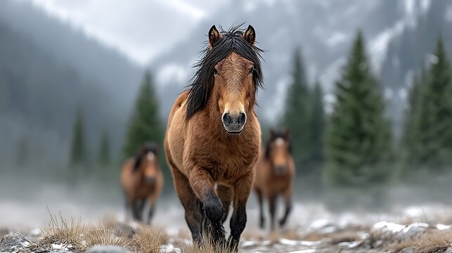 A herd of wild horses running through a foggy forest path, dynamic motion and misty light rays