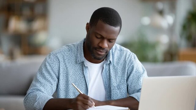 A man jots down ideas in a notebook while using his laptop in a well-lit, spacious home office.