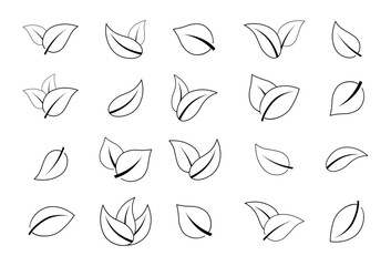 Black outline leaf icons set. Leaves icon. Collection green leaf. Vegan, tree, plant, fresh, energy and healthy nutrition concept.