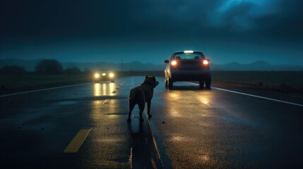 A dog standing on a wet road at night, with a car approaching from behind.