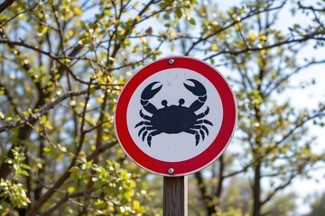 Crab sign: An eye-level, medium shot presents a round sign with a graphic of a crab. This warning symbol is a signal of awareness.