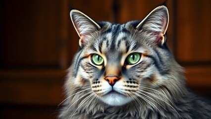 Stunning close-up portrait of a long-haired tabby cat with vibrant green eyes.