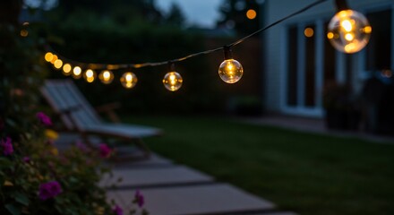 Warm glowing string lights illuminate a tranquil backyard at twilight