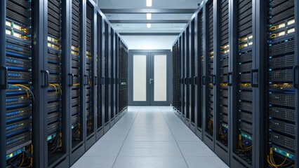 A modern server room with rows of servers, showcasing advanced technology and organized cabling.