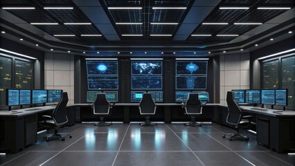A modern command center featuring multiple high-tech computer monitors and sleek office chairs, designed for data analysis and monitoring.