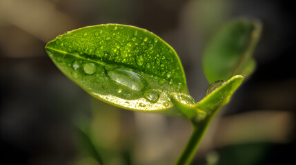 Water droplets on green leaves after the rain.
