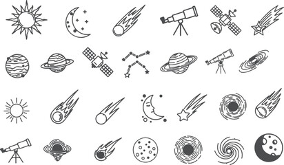 Stellar Universe Silhouette Icons &ndash; Planet, Star,Moon, Satellite, Galaxy, Telescope
