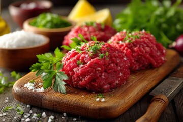 Freshly prepared ground beef balls with herbs and seasonings on a wooden cutting board in a kitchen setting