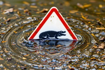 Caution: Crocodile Sign in Murky Water: A warning sign featuring a crocodile floats precariously in murky water.