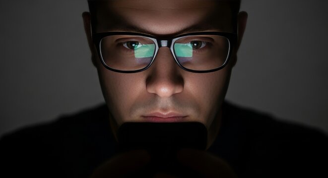 Close-up portrait of young Asian man wearing black-rimmed glasses with green screen reflection looking at laptop computer in dark environment for late night work session
