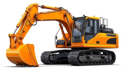 Fototapeta premium Shiny orange excavator machine with construction equipment isolated on white background.