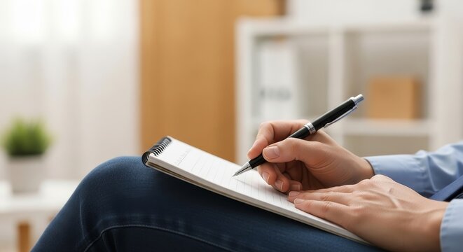 Professional businessperson writing detailed notes in spiral notebook with black pen while sitting in modern office environment with blurred kitchen background