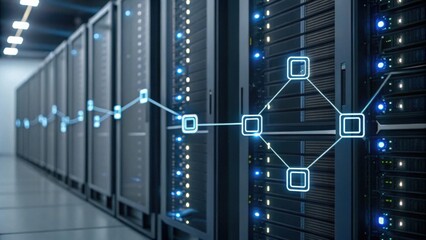 A high-tech server room featuring rows of servers with glowing lights, connected by digital network lines, showcasing advanced technology infrastructure.