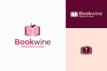 Wineglass silhouette as negative space with Book for Beverage Lesson School or Wine Magazine Catalog logo design