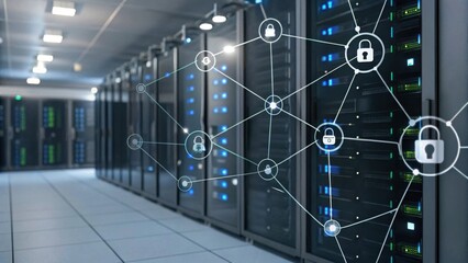 A server room featuring multiple racks with blue lights, interconnected by a network of security locks, emphasizing data protection and cybersecurity.