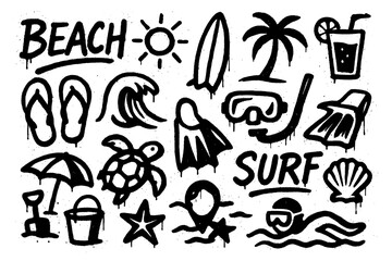 Beach and surf doodle elements including waves, shells, snorkel, and flip flops, Transparent Background
