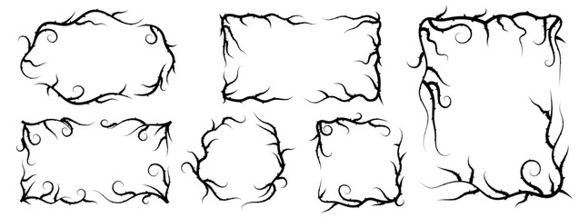 Vector set of barbed wire and thorny frames in various shapes. Includes round, curly, wavy, and sharp silhouettes. Wreath-style borders with a horror or Halloween theme, perfect for adding dramatic co
