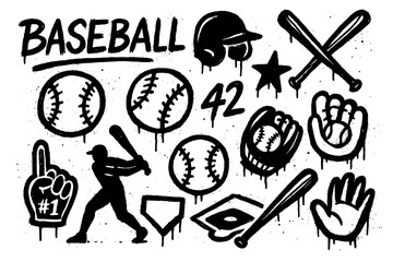 Obraz premium Baseball elements in hand-drawn doodle style including gloves, bats, balls, and trophies, Transparent Background