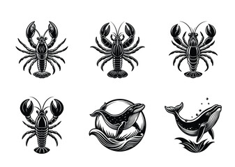 Black and white vector drawings of lobsters and whales in different poses
