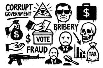 Corrupt government and bribery concept illustrations in bold graffiti doodle style, Transparent Background