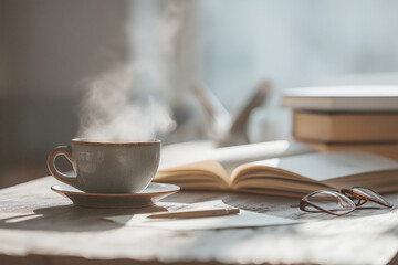 Warm Cafe Morning Study Desk with Steam Rising Coffee and Pomodoro Timer Ambience

