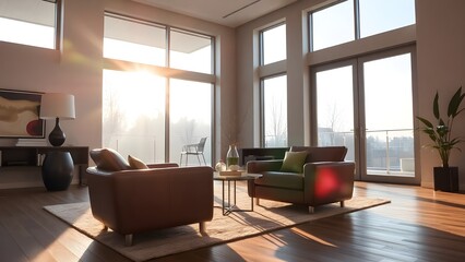 Fototapeta premium Modern Living Room with Floor-to-Ceiling Windows and Sunrise Light