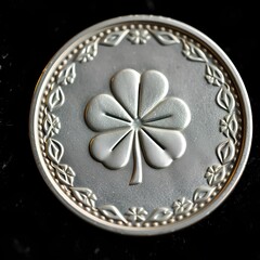 A close-up of a silver coin with an intricate five-leaf clover design.