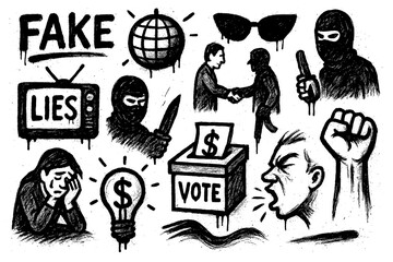 Corrupt government and bribery concept illustrations in bold graffiti doodle style, Transparent Background
