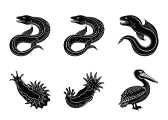 Naklejka premium Black and white vector graphic showcasing diverse sea animals in silhouette style